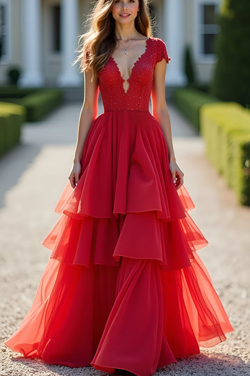 Robe de bal rouge scintillante à volants à col en V profond avec perles